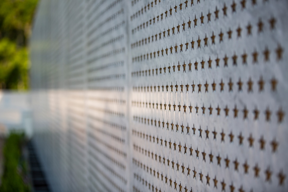 A wall of stars representing the approximately 20,000 African-Americans that went through Marine Corps boot camp at Montford Point stands at the Montford Point Marines Memorial in Jacksonville, North Carolina, Aug. 26, 2020. The wall honors the Montoford Point Marines whose dedicated service to the Marine Corps influenced acceptance and diversity in the armed forces. This year marks the 78th anniversary of when the first African-American recruits arrived on Montford Point in 1942 for Marine Corps recruit training. (U.S. Marine Corps photo by Lance Cpl. Isaiah Gomez)