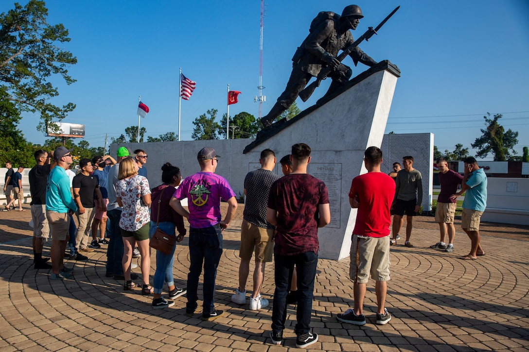 U.S. Marines with 2nd Marine Logistics Group attending the Corporal’s Leadership School on Marine Corps Base Camp Lejeune visit the Montford Point Marines Memorial in Jacksonville, North Carolina, Aug. 26, 2020. This year marks the 78th anniversary of when the first African-American recruits arrived on Montford Point in 1942 to conduct Marine Corps recruit training, paving the way for approximately 20,000 African-Americans over the next 7 years to earn the title of United States Marine. (U.S. Marine Corps photo by Lance Cpl. Christian Ayers)