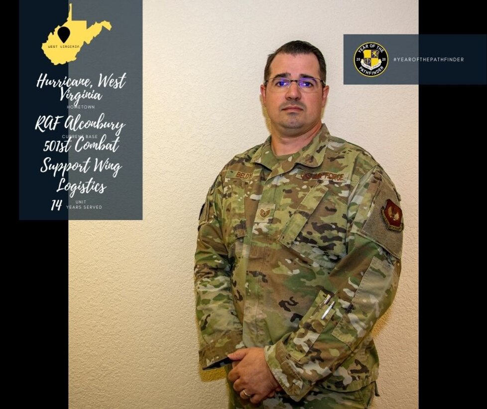 Tech Sgt. Richard Beldyk, 501st Combat Support Wing contracting officer representative in wing logistics, poses for a photo at RAF Alconbury, England, Aug. 31, 2020. Beldyk shared his unique role in the 501st CSW mission and how being a pathfinder gives him a sense of pride that drives him to ensure mission success. (U.S. Air Force photo by Senior Airman Eugene Oliver)