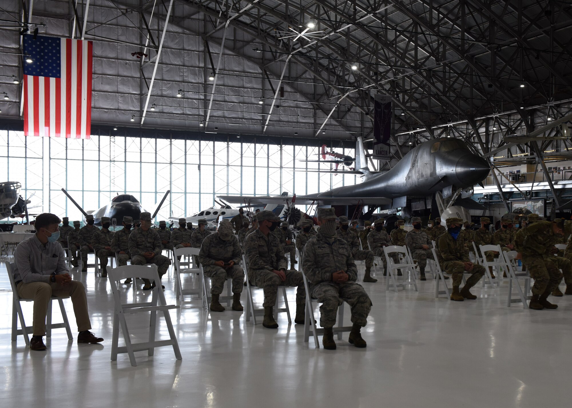 Members from the 11th Space Warning Squadron wait for the Induction into the U.S. Space Force Ceremony to begin at Wings Over the Rockies Air and Space Museum in Denver Sept. 1, 2020. Approximately 60 members from 11 SWS were inducted into the USSF. (U.S. Air Force photo by Airman 1st Class Haley N. Blevins)