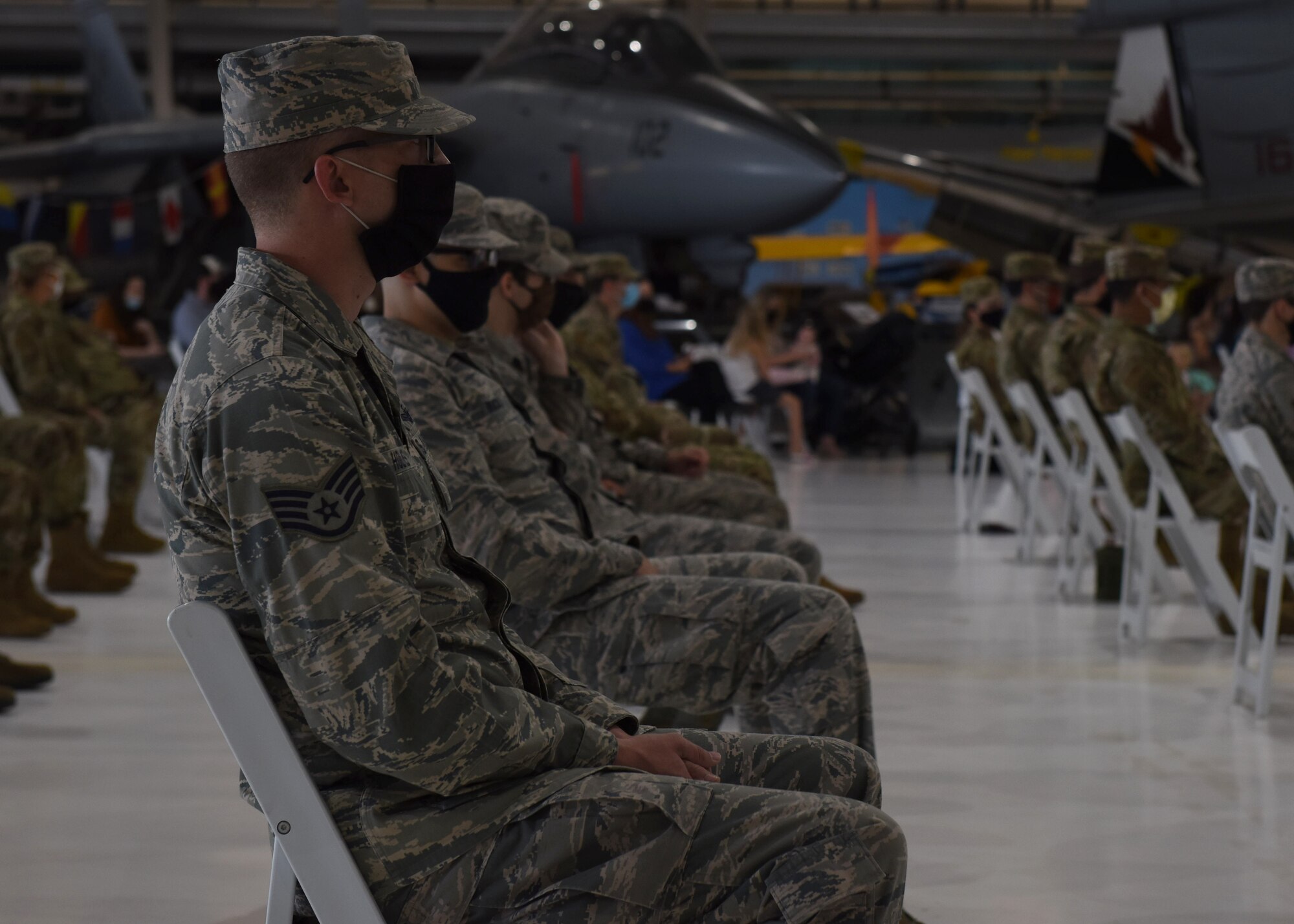 Members from the 11th Space Warning Squadron participate in the Induction into the U.S. Space Force Ceremony at Wings Over the Rockies Air and Space Museum in Denver, Sept. 1, 2020. These space professionals will join the 90 other service members that are already in the USSF. (U.S. Air Force photo by Airman 1st Class Haley N. Blevins)