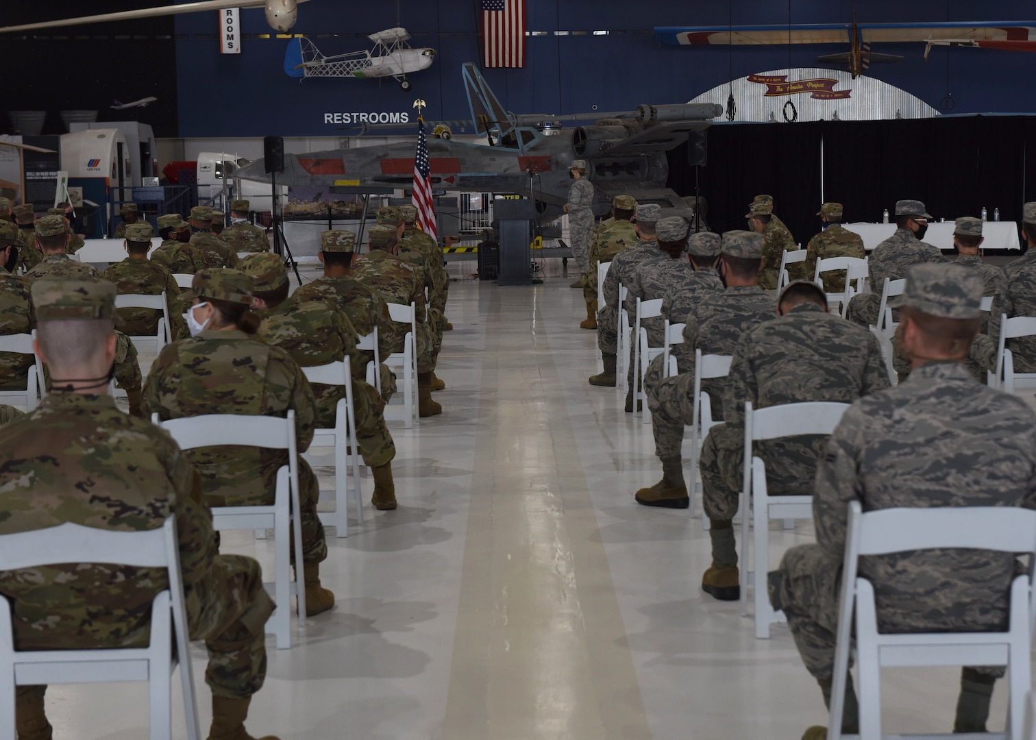 Members from the 11th Space Warning Squadron participate in the Induction into the U.S. Space Force Ceremony at Wings Over the Rockies Air and Space Museum in Denver, Sept. 1, 2020. These space professionals will join the 90 other service members that are already in the USSF. (U.S. Air Force photo by Airman 1st Class Haley N. Blevins)