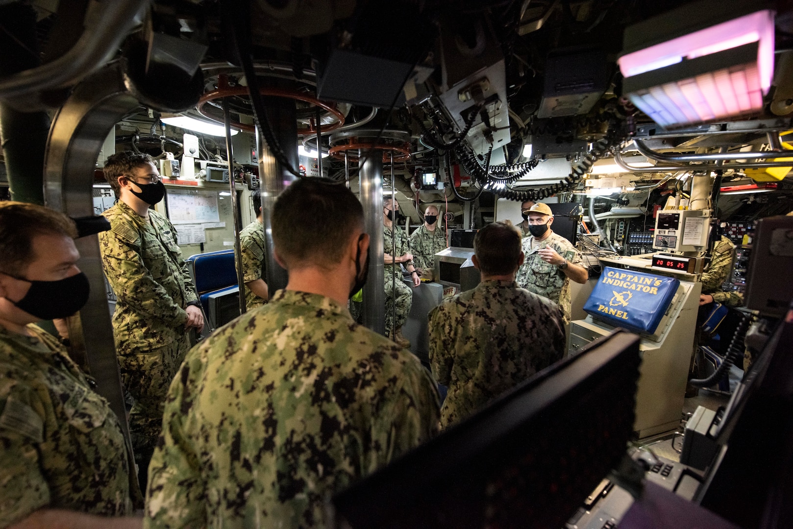 SILVERDALE, Wash. (Sept. 1, 2020) – Adm. Charles Richard, Commander, U.S. Strategic Command, speaks to Sailors aboard the Ohio-class ballistic-missile submarine USS Henry M. Jackson (SSBN 730), during a visit with strategic-deterrent units onboard Naval Base Kitsap-Bangor, Sept. 1. U.S. Strategic Command is a global warfighting combatant command whose mission is to deter strategic attack and employ forces, as directed, to guarantee the security of the U.S. and its allies. (U.S. Navy photo my Mass Communication Specialist 1st Class Andrea Perez/Released)