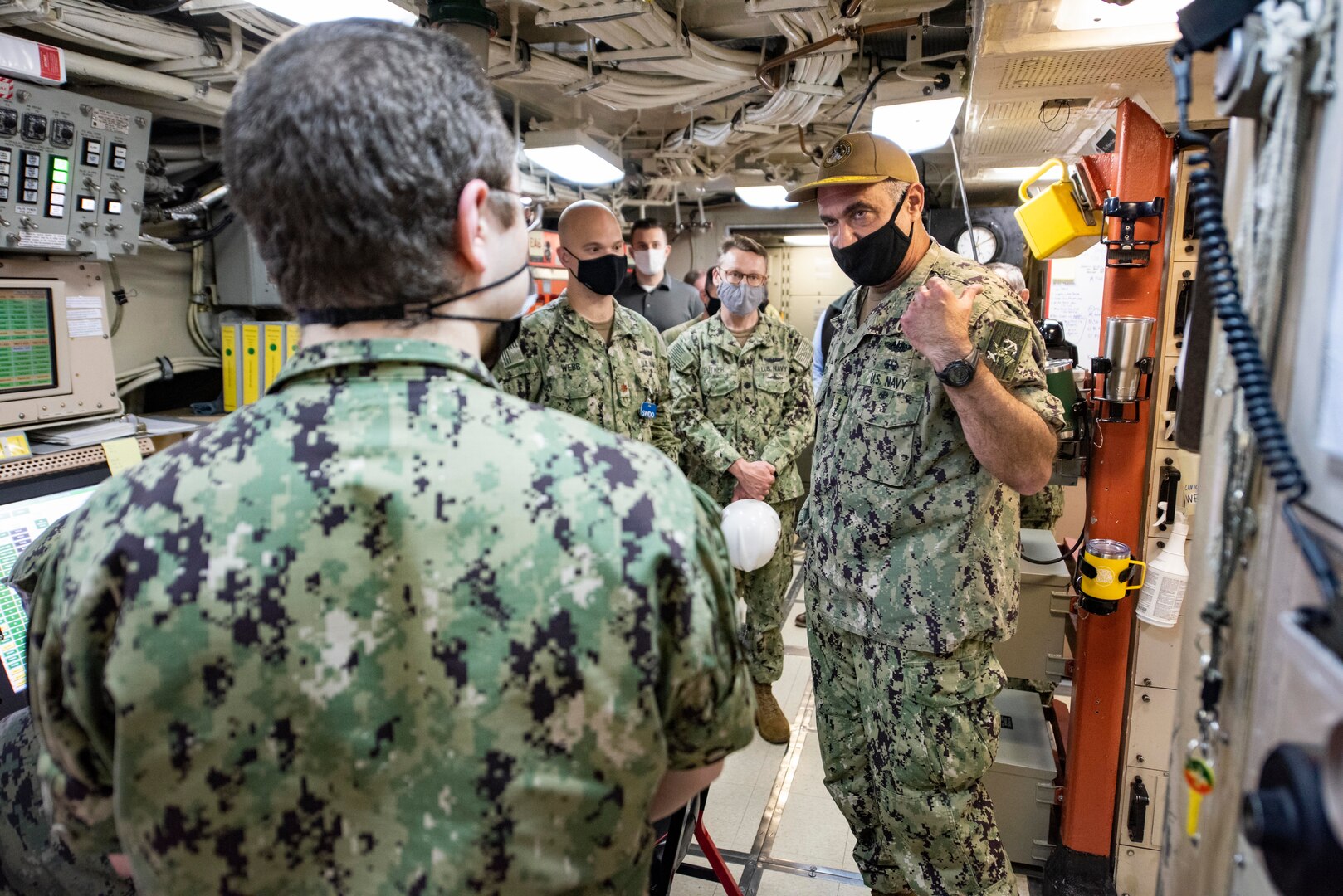 SILVERDALE, Wash. (Sept. 1, 2020) – Adm. Charles Richard, Commander, U.S. Strategic Command, speaks with Missile Technician 1st Class Anthony Pasquale, from Mahtomedi, Minnesota, during a visit aboard USS Henry M. Jackson (SSBN 730), Sept. 1. U.S. Strategic Command is a global warfighting combatant command whose mission is to deter strategic attack and employ forces, as directed, to guarantee the security of the U.S. and its allies. (U.S. Navy photo my Mass Communication Specialist 1st Class Andrea Perez/Released)