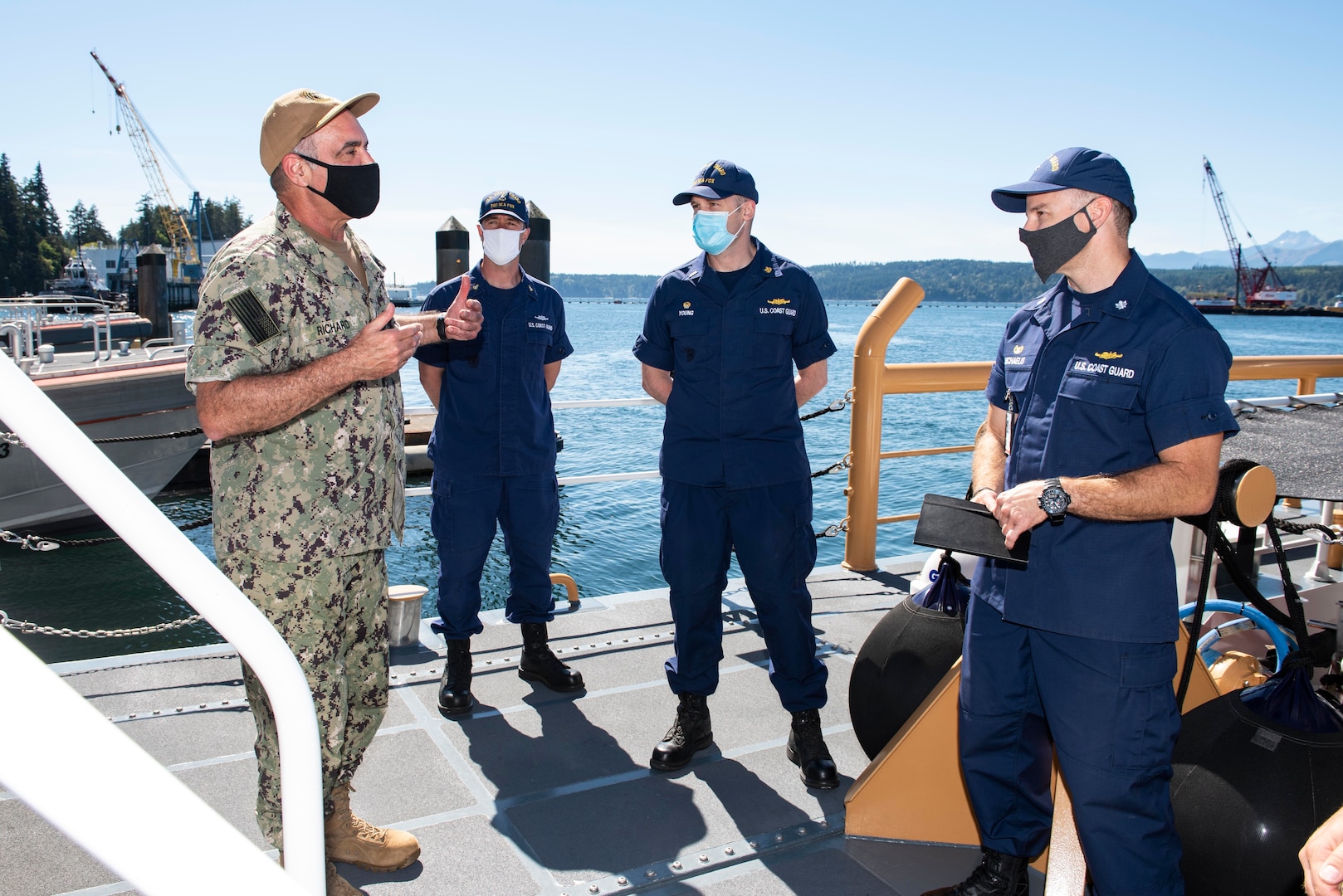 SILVERDALE, Wash. (Sept. 1, 2020) – Adm. Charles Richard, Commander, U.S. Strategic Command, speaks with Maritime Force Protection Unit personnel, during a visit with strategic-deterrent units onboard Naval Base Kitsap-Bangor, Sept. 1. U.S. Strategic Command is a global warfighting combatant command whose mission is to deter strategic attack and employ forces, as directed, to guarantee the security of the U.S. and its allies. (U.S. Navy photo my Mass Communication Specialist 1st Class Andrea Perez/Released)