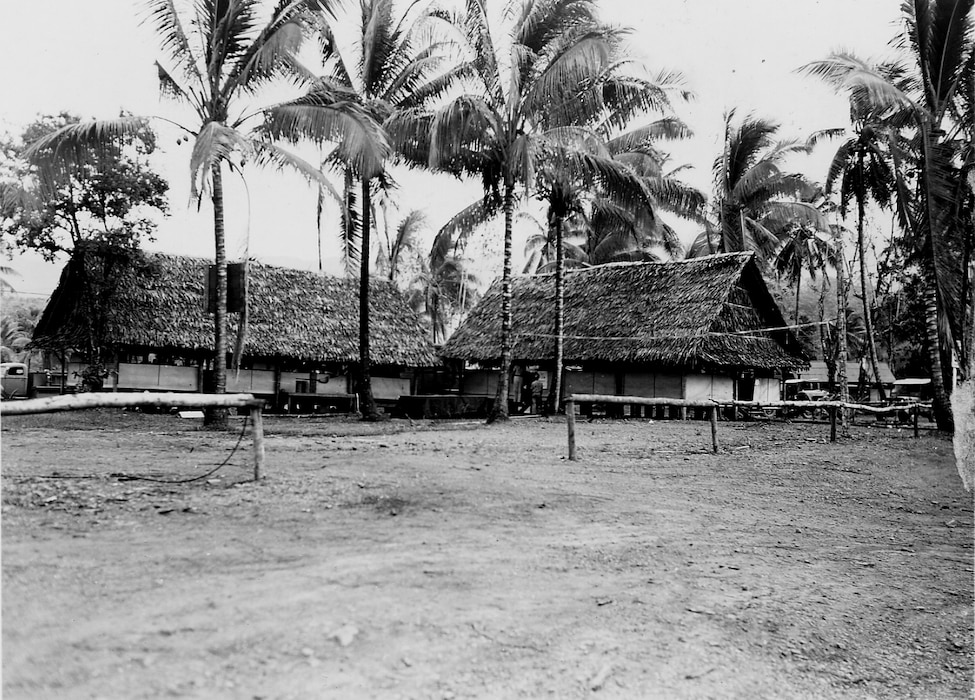 thatched roof L-shaped building in a clearing with palm trees