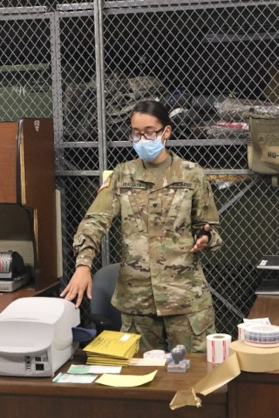 Soldiers like Spc. Dulcina Fragata, a HR specialist who is a graduate of the Army’s Postal Operations Course, demonstrated how to accept the various kinds of mail from Soldiers in a deployed environment.