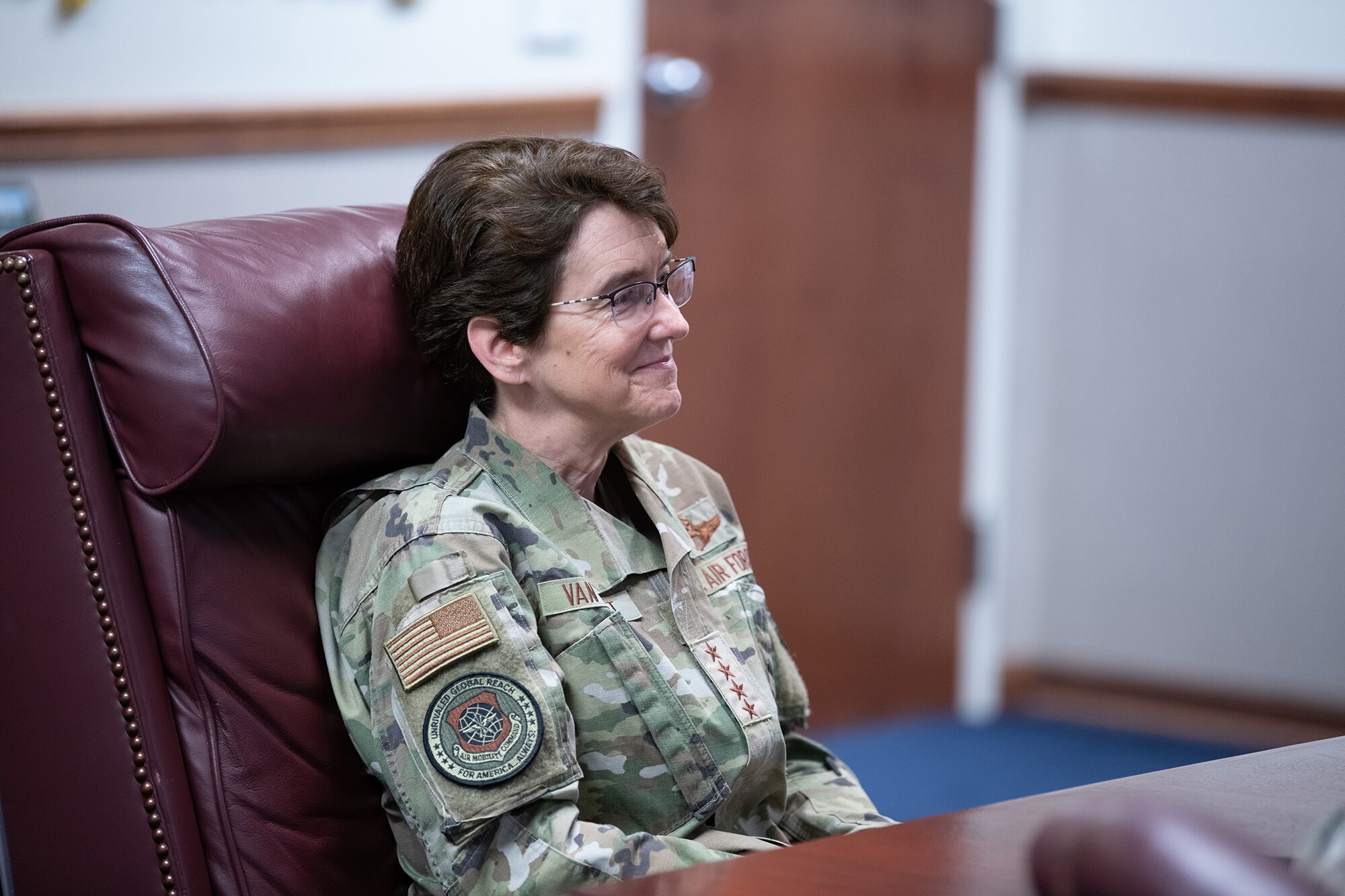 U.S. Air Force Gen. Jacqueline D. Van Ovost, Air Mobility Command commander, receives a mission briefing during her visit to the 349th Air Mobility Wing Headquarters, Travis Air Force Base, California, Sept. 1, 2020. Van Ovost took time to visit Air Force Reserve Command’s largest wing during her first visit to Travis as AMC commander.