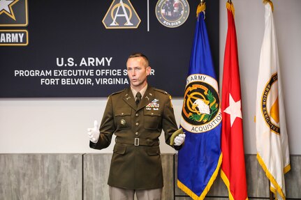 Col. Derek Bird addresses PEO Soldier staff, leadership and his family after being chartered as Project Manager, Soldier Survivability at Fort Belvoir, Va., August 21, 2020.