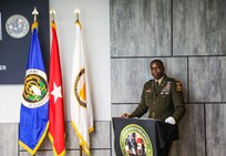 Col. Stephen Thomas, former Project Manager, Soldier Survivability, addresses PEO Soldier staff, leadership and his family during the change of charter at Ft. Belvoir, Va., August 21, 2020.