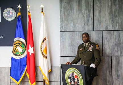 Col. Stephen Thomas, former Project Manager, Soldier Survivability, addresses PEO Soldier staff, leadership and his family during the change of charter at Ft. Belvoir, Va., August 21, 2020.
