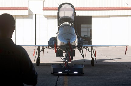 Jaime Villarreal, 12th Maintenance Squadron crew chief, sits inside a T-38 aircraft during a tow demonstration Aug. 27, 2020, at Joint Base San Antonio-Randolph.