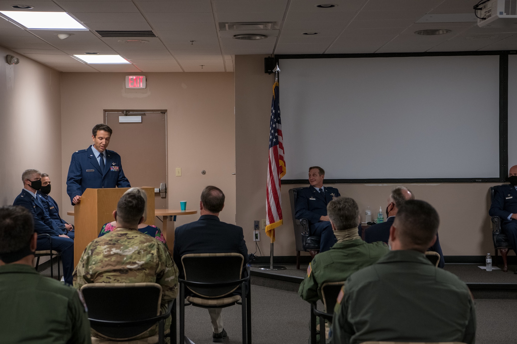 Lt. Col. Steve Campbell, 701st Airlift Squadron commander, 315th Airlift Wing, Joint Base Charleston, S.C. speaks to an audience at Joint Base Charleston Sept. 2, 2020. Campbell is the incoming 701st Airlift Squadron commander and assumed command from Lt. Col. Ronnie Schier.