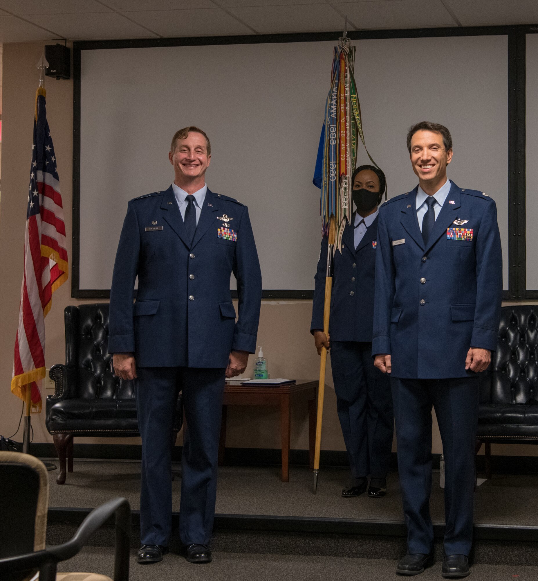 Lt. Col. Steve Campbell, 701st Airlift Squadron commander, 315th Airlift Wing, Joint Base Charleston, S.C. stands beside Col. John Gurrieri, 315th Operations Group commander, at Joint Base Charleston Sept. 2, 2020. Campbell is the incoming 701st Airlift Squadron commander and assumed command from Lt. Col. Ronnie Schier.