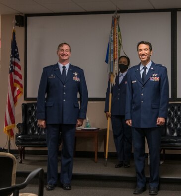 Lt. Col. Steve Campbell, 701st Airlift Squadron commander, 315th Airlift Wing, Joint Base Charleston, S.C. stands beside Col. John Gurrieri, 315th Operations Group commander, at Joint Base Charleston Sept. 2, 2020. Campbell is the incoming 701st Airlift Squadron commander and assumed command from Lt. Col. Ronnie Schier.