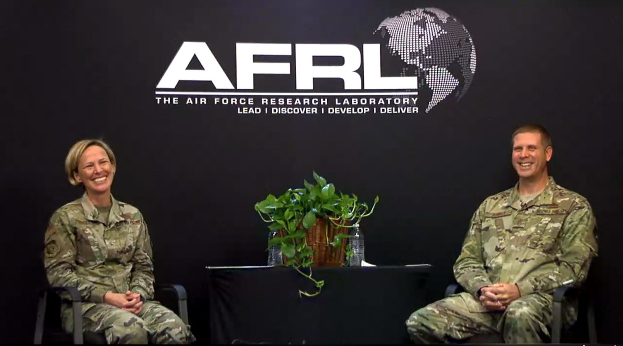 Brig. Gen. Heather Pringle, AFRL Commander, and Chief Master Sgt. Kennon Arnold, AFRL Command Chief, addressed questions during an AFRL virtual town hall event streamed live on AFRL’s Facebook page Aug. 21. During the event, Pringle announced her top three priorities as commander: to accelerate the AF S&T Strategy, to support the U.S. Space Force as one AFRL and to lead the best AFRL Team. (Courtesy photo)