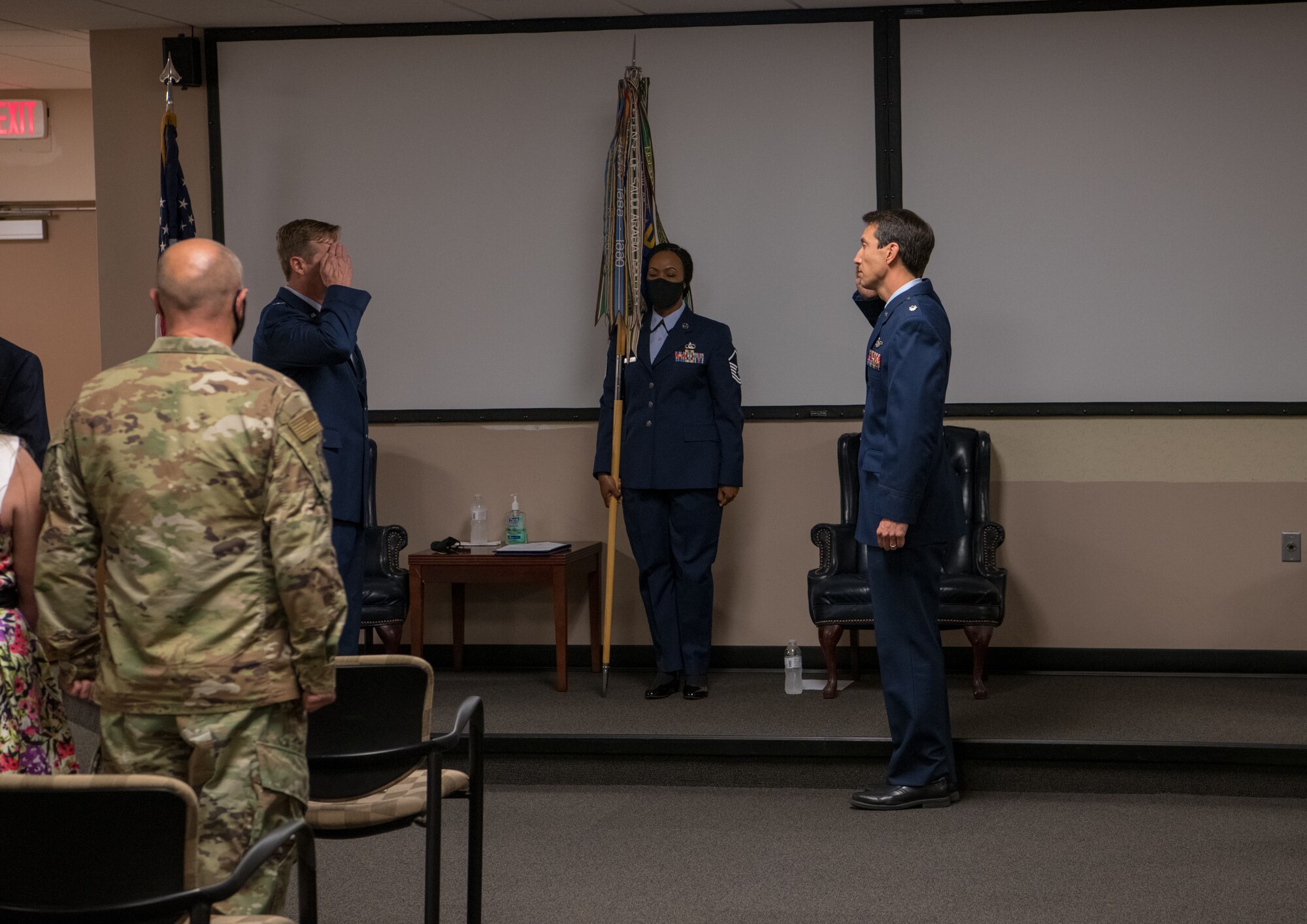 Lt. Col. Steve Campbell, 701st Airlift Squadron commander, 315th Airlift Wing, Joint Base Charleston, S.C. salutes Col. John Gurrieri, 315th Operations Group commander, at Joint Base Charleston Sept. 2, 2020. Campbell is the incoming 701st Airlift Squadron commander and assumed command from Lt. Col. Ronnie Schier.
