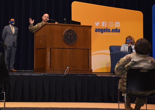 U.S. Air Force Col. Andres Nazario, 17th Training Wing commander, speaks during the two signings of the intergovernmental support agreements with Angelo State University at ASU’s Houston Harte University Center in San Angelo, Texas, Aug. 21, 2020. The partnerships will allow Goodfellow Air Force Base’s military instructors educational opportunities and the students’ lodging, meals, and gym services at ASU.  (U.S. Air Force photo by Senior Airman Abbey Rieves)