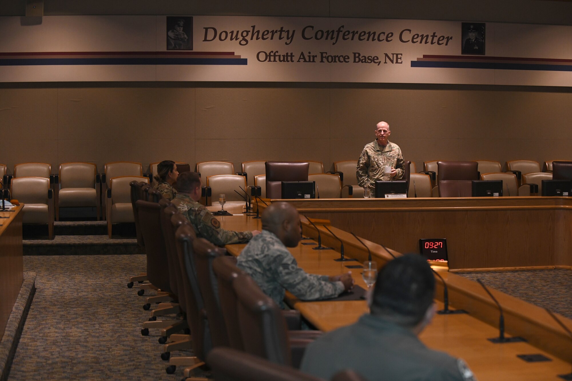 General Stephen Wilson, Vice Chief of Staff of the Air Force, listens to Airmen during a sensing session at Offutt Air Force Base, Neb., Sept. 1, 2020. Wilson spoke with these Airmen about current events, base procedures, and their overall quality of life. (U.S. Air Force photo by Staff Sgt. Jessica Montano)