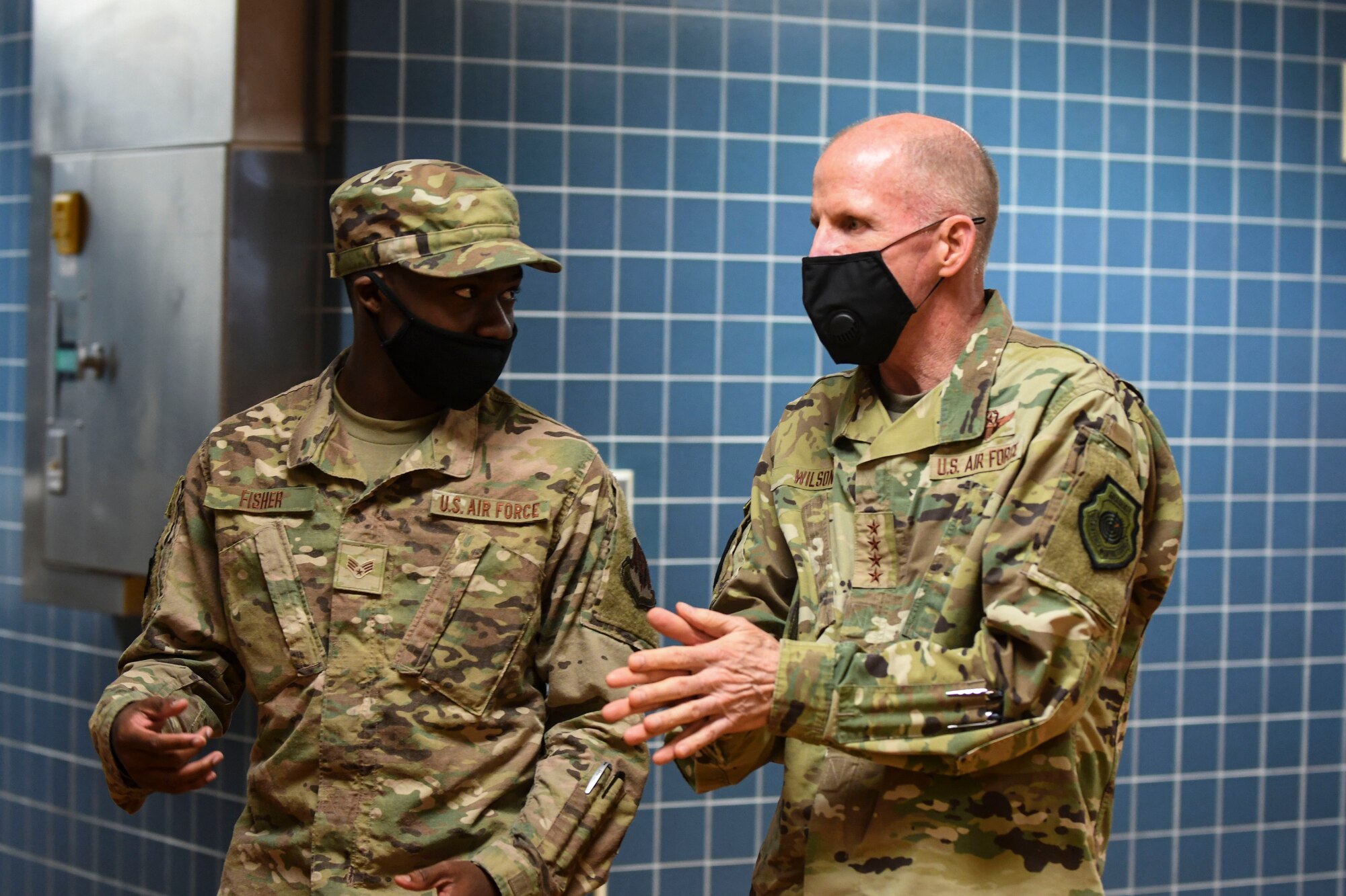 Senior Airman Tyric Fisher, 55th Force Support Squadron, speaks with Gen. Stephen Wilson, Vice Chief of Staff of the Air Force, during a sensing session at Offutt Air Force Base, Neb., Sept. 1, 2020. Wilson visited the King Dining Facility to eat and visit with Airmen and NCOs around the base.(U.S. Air Force photo by Staff Sgt. Jessica Montano)