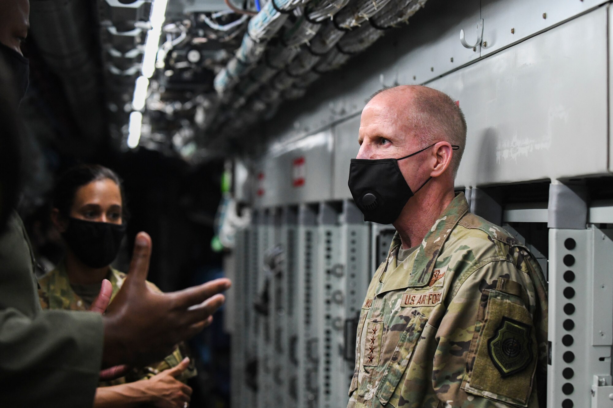 Members of an RC-135 Boeing crew spoke with Gen. Stephen Wilson, Vice Chief of Staff of the Air Force, at Offutt Air Force Base, Neb., Sept. 1, 2020. The members of the crew talked about their day-to-day jobs and discussed changes to their procedures due to COVID-19. (U.S. Air Force photo by Staff Sgt. Jessica Montano)