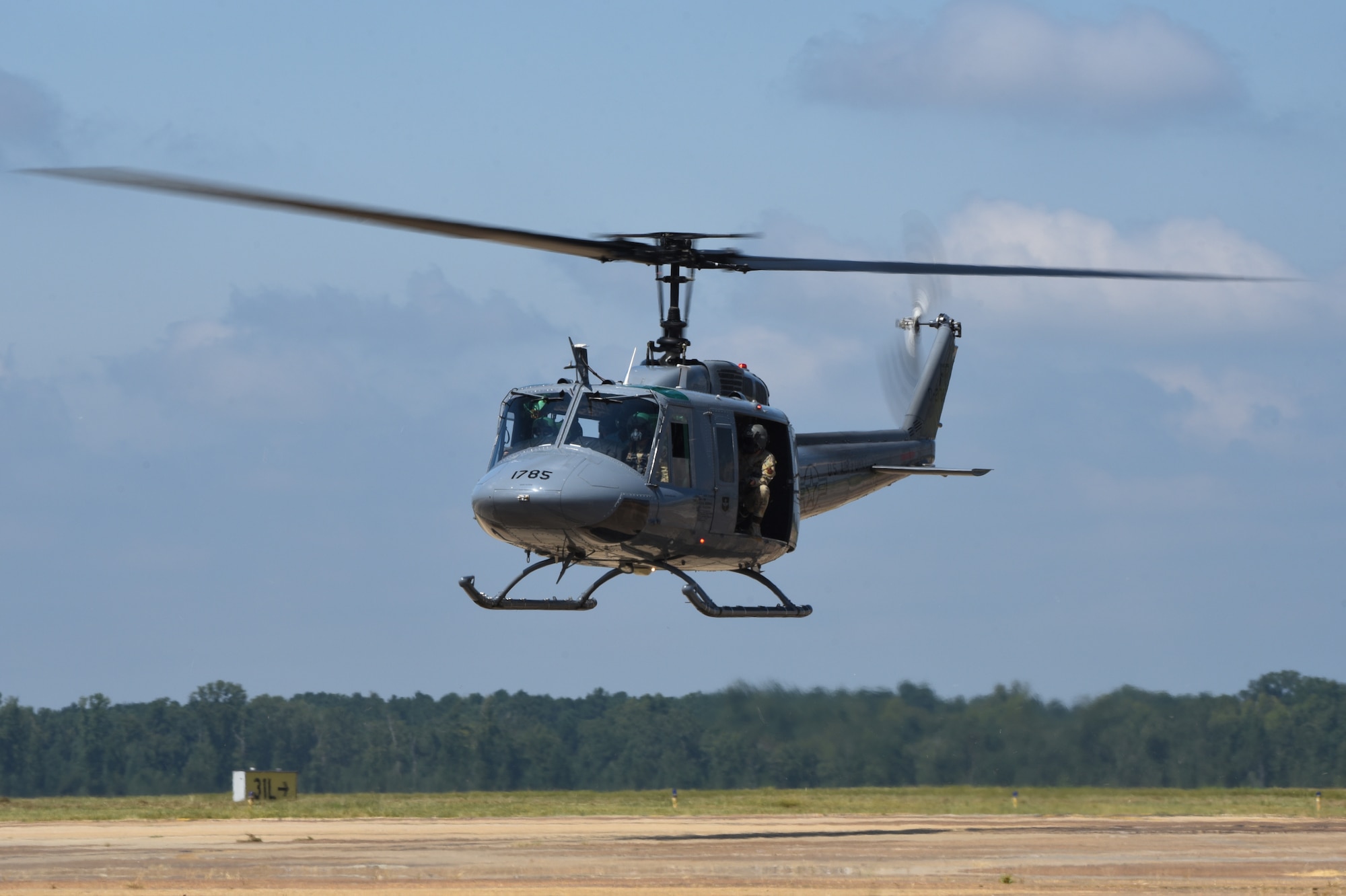 Airmen assigned to the 23rd Flying Training Squadron at Fort Rucker, Alabama prepare to land at Columbus Air Force Base, Mississippi on August 19 in a UH-1N Huey. A UH-1N can reach a speed of up to 149 mph. (U.S. Air Force photo by Airman 1st Class Davis Donaldson)