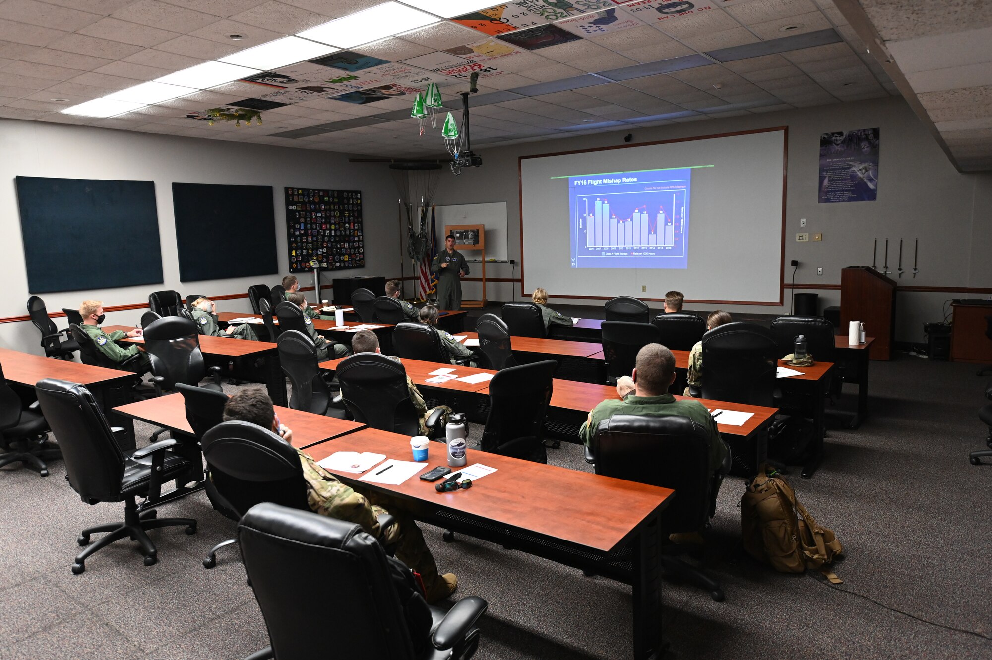 Student pilots assigned to the 23rd Flying Training Squadron at Fort Rucker, Alabama sit in a classroom, while 1st Lt. William Ensrud, 14th Operational Medical Readiness Squadron aerospace physiology specialist, teaches on August 20, 2020, at Columbus Air Force Base, Miss. The student pilots were taught human factors, altitude threats, spatial disorientation, performance threats, egress, airfield flight equipment and vision, noise and aircraft vibration during their classroom portion of training. (U.S. Air Force photo by Airman 1st Class Davis Donaldson)