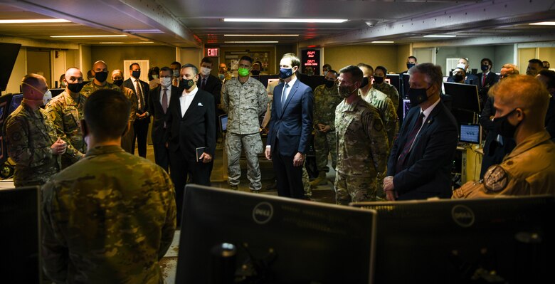 Members of the U.S delegation and 380th Air Expeditionary Wing convene at the 727th Expeditionary Air Control Squadron, September 1, 2020, at Al Dhafra Air Base, United Arab Emirates.