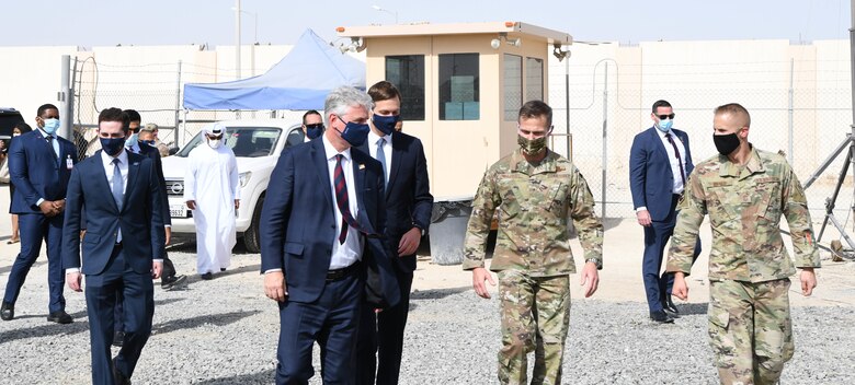 Robert O’Brien, National Security Advisor, engages with Brig. Gen. Larry Broadwell, 380th Air Expeditionary Wing commander, upon arrival to the 727th Expeditionary Air Control Squadron, September 1, 2020, at Al Dhafra Air Base, United Arab Emirates.