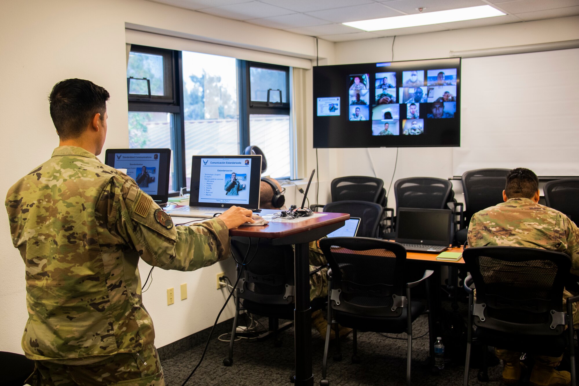 Tech. Sgt. Felipe Torres, 571st Mobility Support Advisory Squadron instructor, gives a briefing on airfield operations during a virtual engagement with the National Aeronaval Service of Panama Sept. 1, 2020, at Travis Air Force Base in California. The two-week engagement is their first time using a virtual medium to train a partner nation and consists of an introductory command and control course and a multi-topic airfield operations course.. (U.S. Air Force photo by Tech. Sgt. Liliana Moreno)