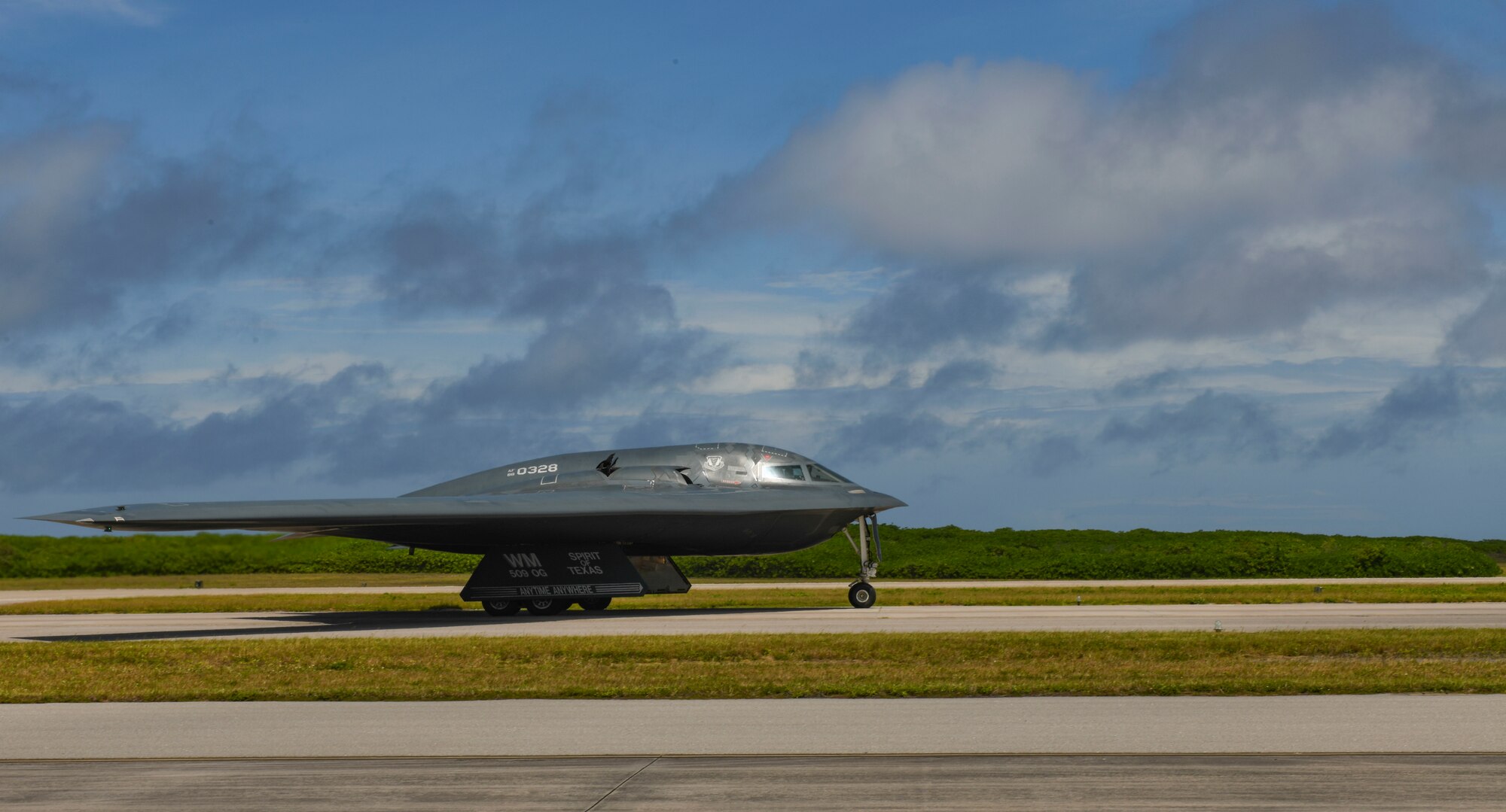 A B-2 Spirit Stealth Bomber, deployed from Whiteman Air Force Base, Missouri, taxis for take off at Naval Support Facility Diego Garcia, in support of a Bomber Task Force mission, August 26, 2020. BTF missions allow U.S. Strategic Command to provide persistent, long-term bomber presence to aid in U.S. Indo-Pacific Command’s commitment to a free and open Indo-Pacific. As part of their BTF deployment, the B-2s participated in a combined United States-Australia exercise with Marine Rotational Force-Darwin and Australian Defence Forces. During the exercise, MRF-D and ADF Joint Terminal Attack Controllers coordinated airstrikes with U.S. Air Force B-1B Lancers and B-2 Spirit Stealth Bombers. (U.S Air Force photo by Tech. Sgt. Heather Salazar)