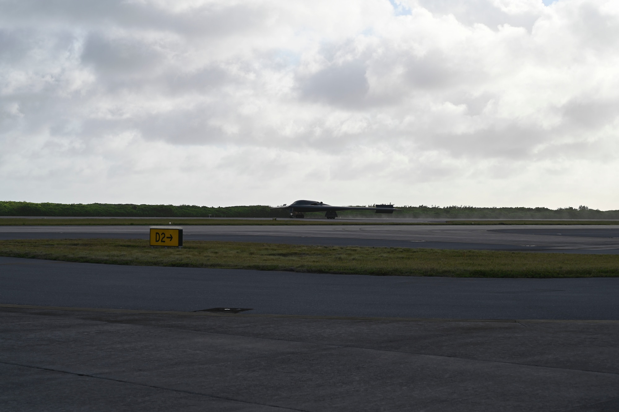 A B-2 Spirit Stealth Bomber, from Whiteman Air Force Base, Missouri, lands at Naval Support Facility Diego Garcia, in support a Bomber Task Force deployment, Aug. 15, 2020.  As part of their BTF deployment, the B-2s participated in a combined United States-Australia exercise with Marine Rotational Force – Darwin and Australian Defence Forces. (U.S. Air Force photo by 1st Lt. Michael Hardy)