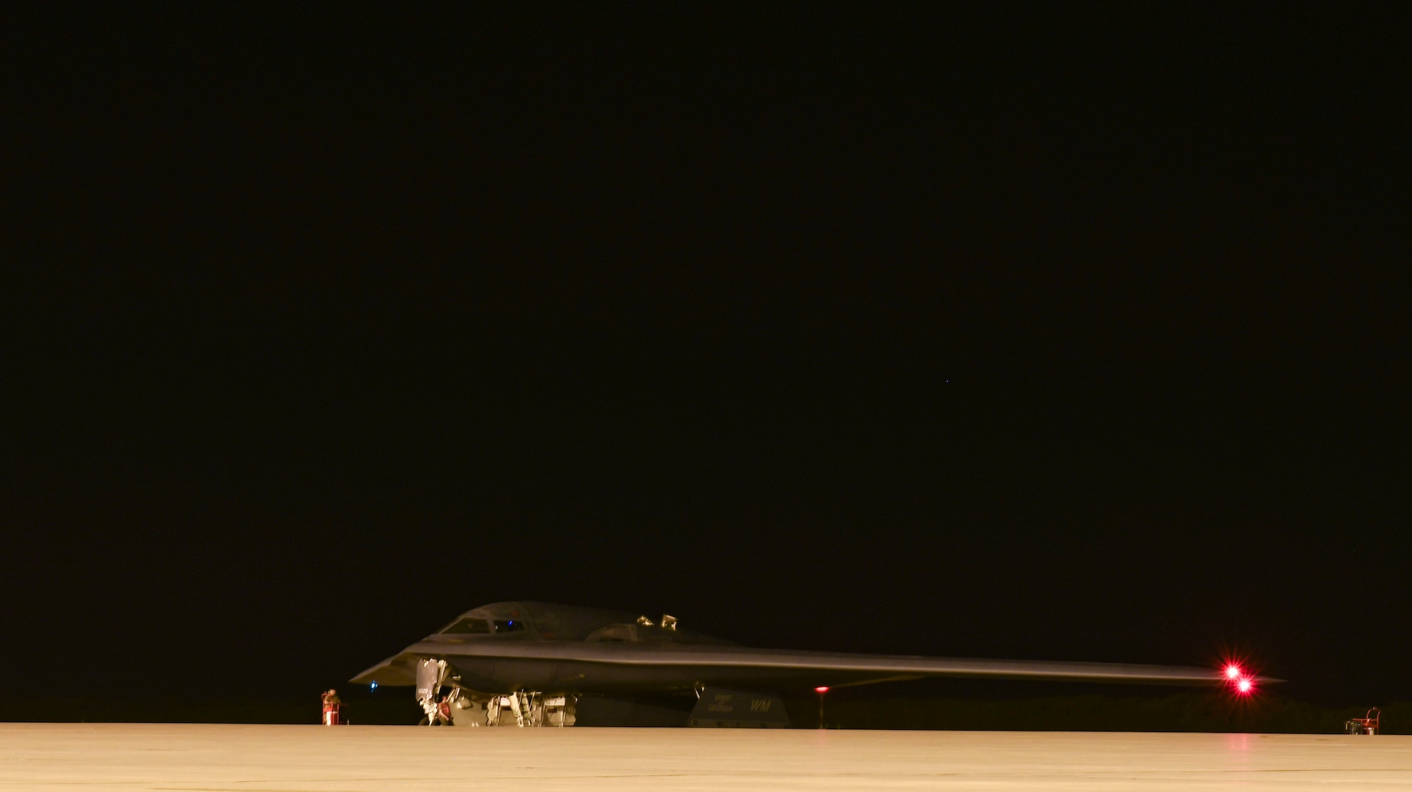 A B-2 Spirit Stealth Bomber, from Whiteman Air Force Base, Missouri, prepares to take off in support of a Bomber Task Force mission, at Naval Support Facility Diego Garcia, Aug. 23, 2020.  As part of their BTF deployment, the B-2s participated in a combined United States-Australia exercise with Marine Rotational Force – Darwin and Australian Defence Forces. (U.S. Air Force photo by Tech. Sgt. Heather Salazar)