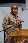 A U.S. Marine with Special Purpose Marine Air-Ground Task Force Crisis Response - Central Command 20.2, addresses the graduates of Corporal Course in Kuwait, Aug. 30, 2020.