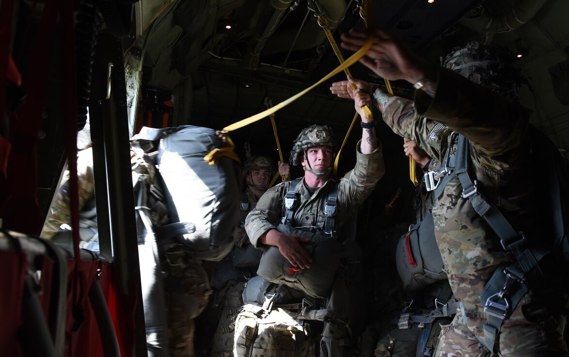 U.S. Army Soldiers assigned to the 173rd Airborne Brigade jump from a C-130J Super Hercules aircraft during a Joint Forcible Entry exercise at the Vaziani Training Area, Georgia, Sept. 1, 2020.