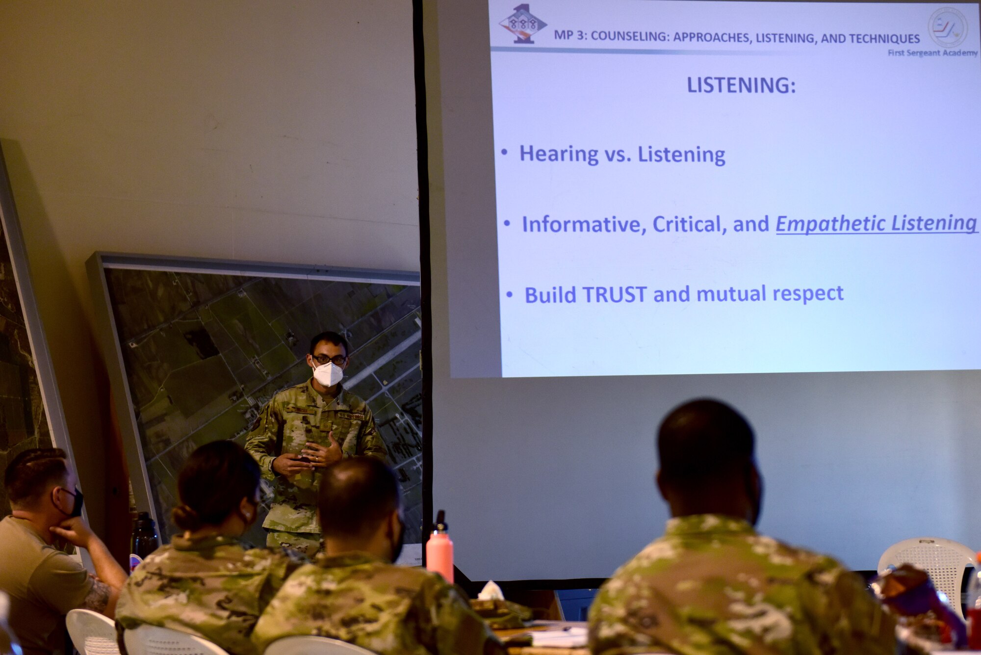 U.S. Air Force Master Sgt. Ryan Duncan, 31st Communications Squadron first sergeant, speaks to attendees at a First Sergeant Symposium at Aviano Air Base, Italy, Sept. 1, 2020. The course was designed to deliver pertinent information to aspiring first sergeants and share experiences of those already serving in the role. (U.S. Air Force photo by Staff Sgt. Kelsey Owen)