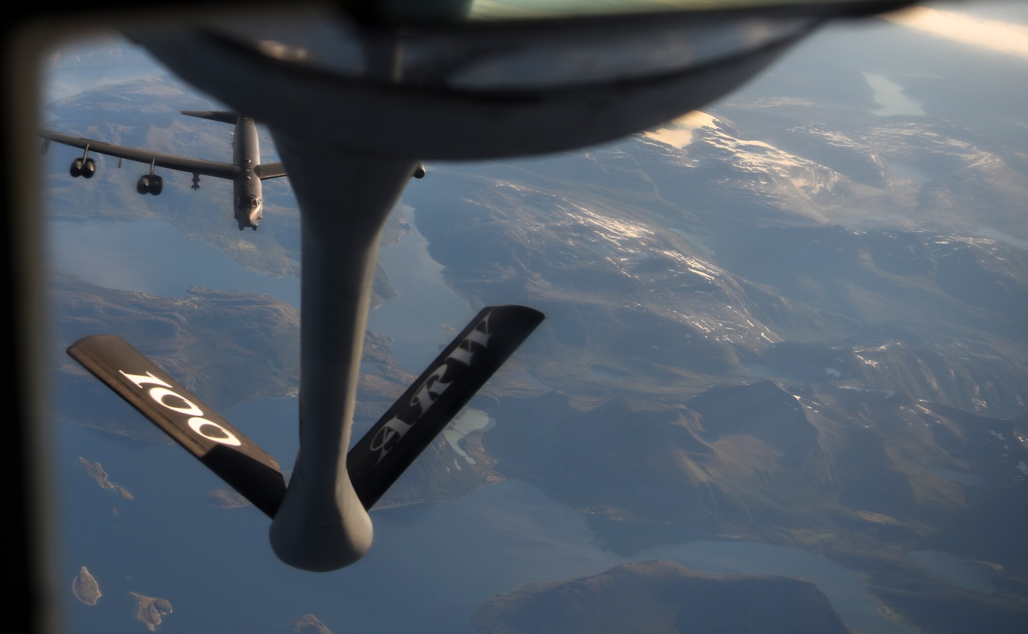 A B-52 Stratofortress from the 5th Bomb Wing, Minot Air Force Base, North Dakota approaches a KC-135 from the 100th Air Refueling Wing, RAF Mildenhall, England off the coast of Norway during a strategic bomber mission on Sept. 2, 2020.