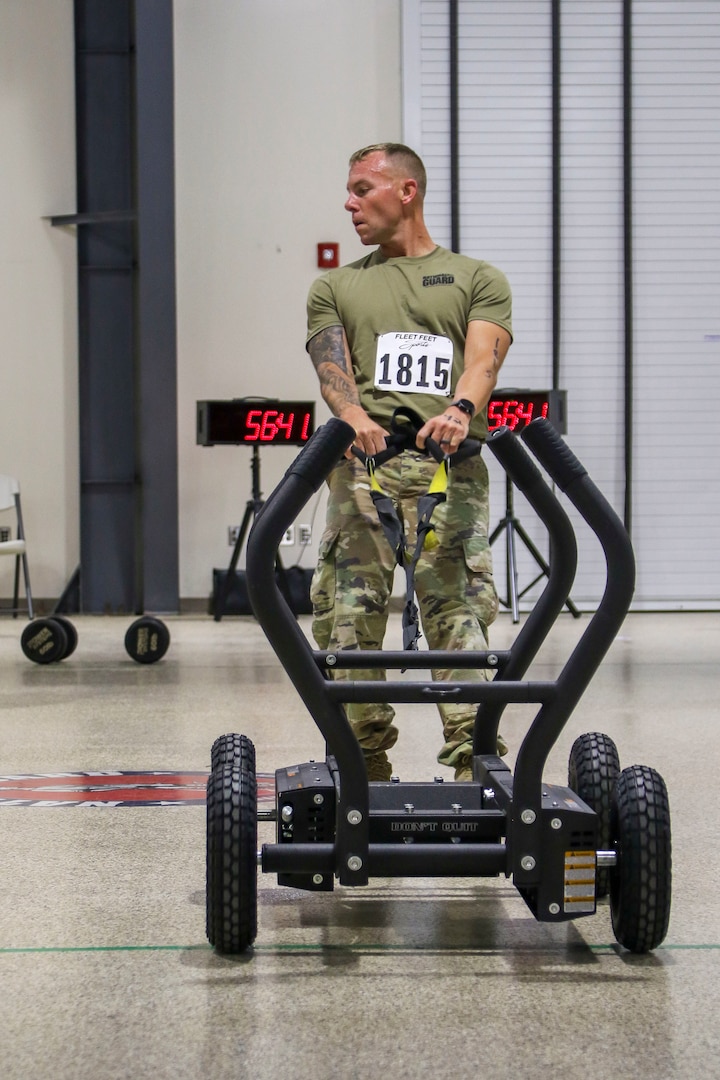 Staff Sgt. Stephen Dorcey, Nebraska Army National Guard, pulls a weighted sled during the DEKA Strong challenge portion of the inaugural All Guard Endurance Team time trials, Aug. 30, 2020, at the Greenlief Training Site, near Hastings, Nebraska.