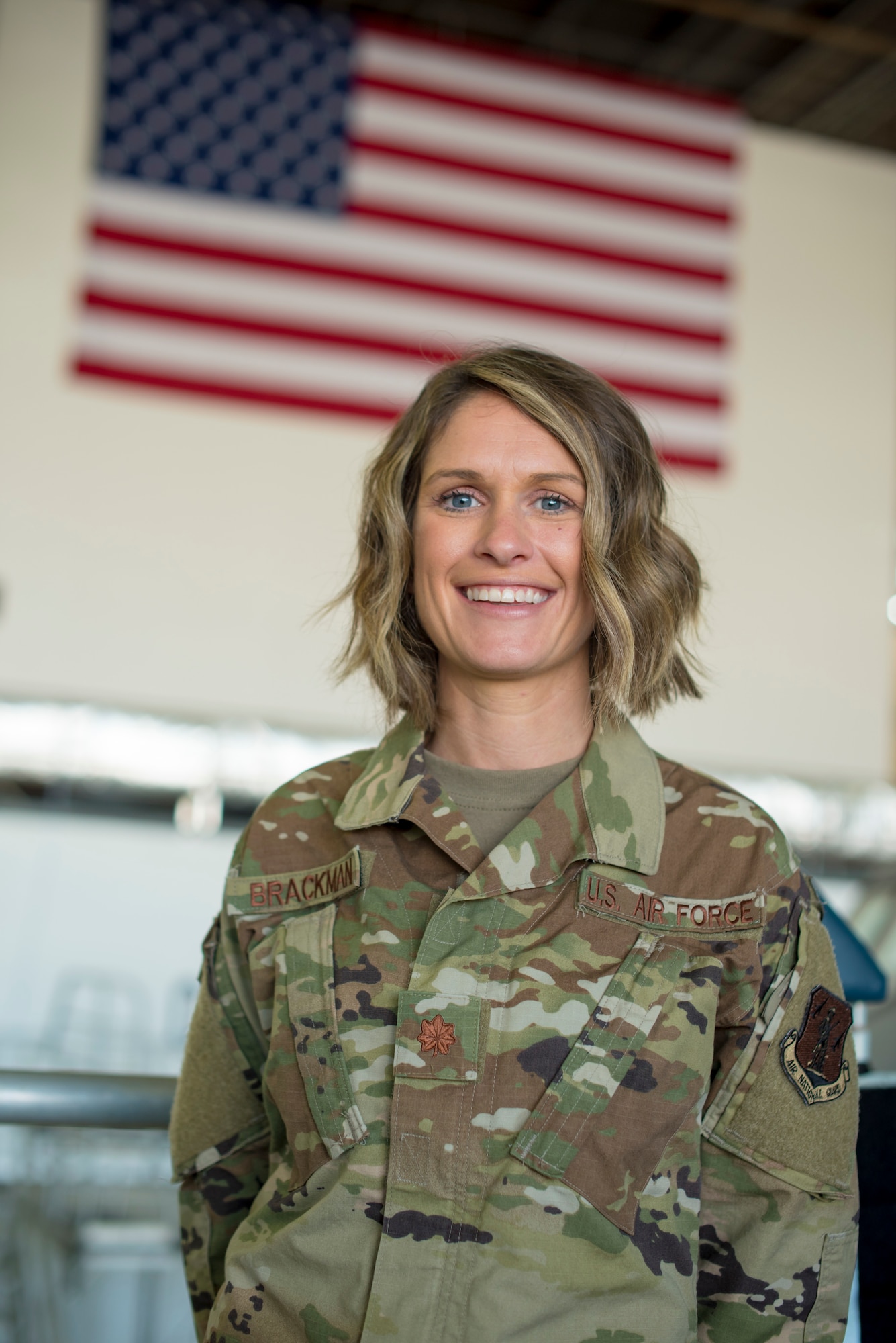 U.S. Air Force Major Shelley Brackman, 121st Medical Group, stands for a portrait August 24, 2020, at Rickenbacker Air National Guard Base, Ohio. Brackman has led an Ohio National Guard medical relief mission this year in response to COVID-19.  (U.S. Air National Guard photo by Ralph Branson)