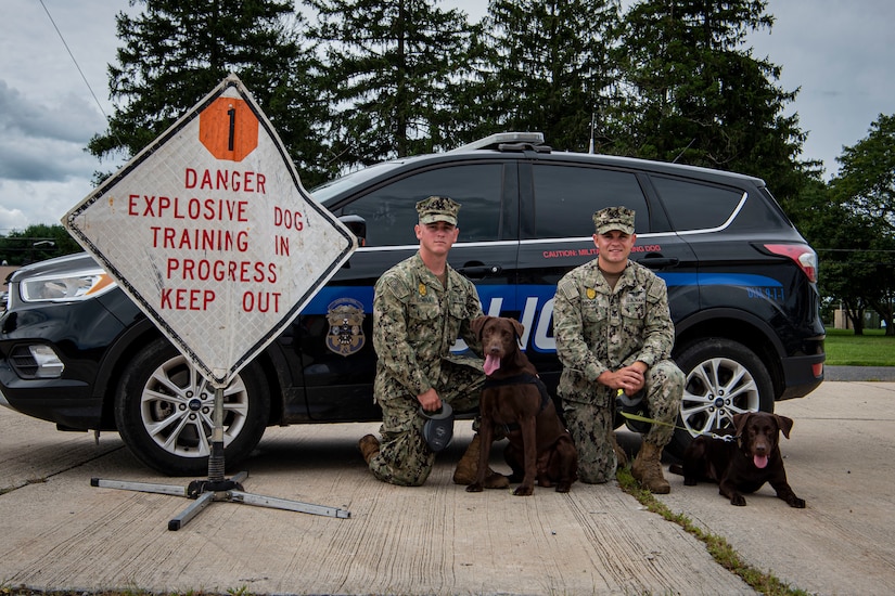Photo of two sailors posing with dogs.