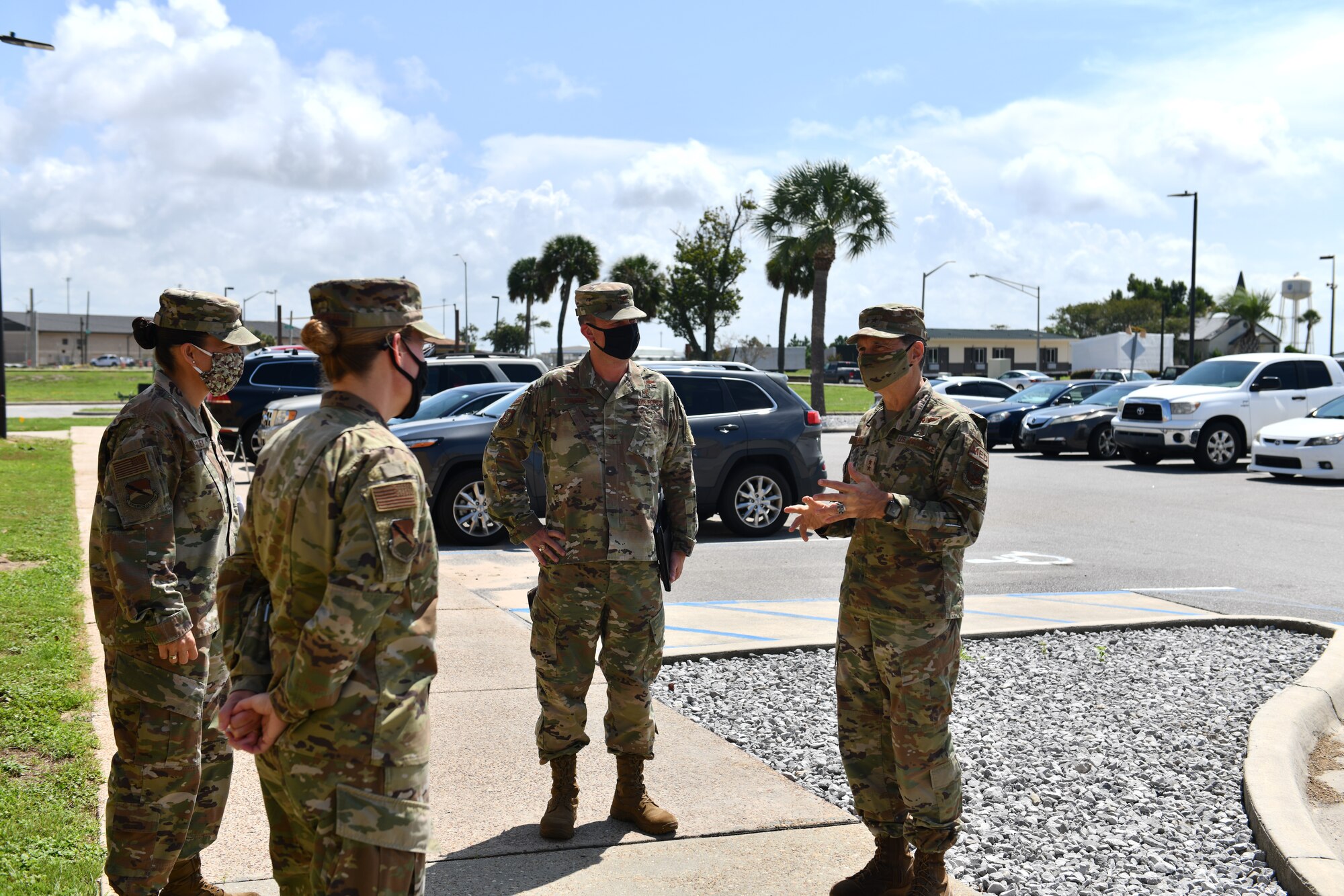 U.S. Air Force Maj. Gen. Sean L. Murphy (right), Air Force Deputy Surgeon General, greets 325th and 96th Medical Group leadership at Tyndall Air Force Base, Florida, Aug. 31, 2020. Murphy accompanied leaders from the Defense Health Agency on a tour of Tyndall to discuss the future of the base and DHA. (U.S. Air Force photo by Senior Airman Stefan Alvarez)