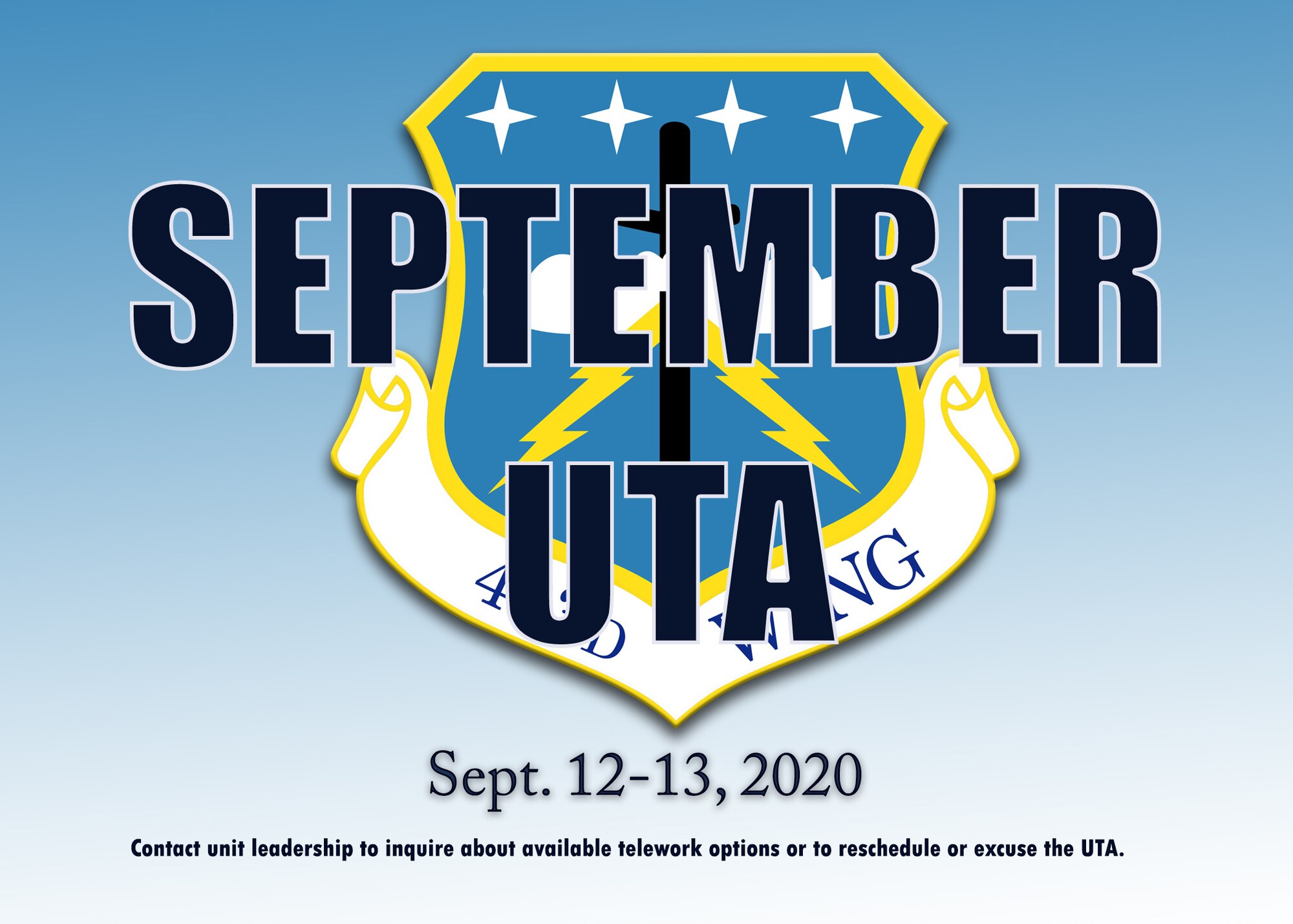 The 403rd Wing, Keesler Air Force Base, Mississippi, will have a Unit Training Assembly Sept. 12-13, 2020. The UTA is mandatory for mission essential Airmen and optional for others based on commanders’ discretion. (U.S. Air Force graphic by Lt. Col. Marnee A.C. Losurdo)