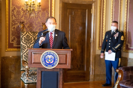 For his brave and heroic actions, Gov. Gary R. Herbert presented the Utah Medal of Valor to Sgt. Chasen Brown, Sept. 1, 2020, for his disregard to his own personal safety, on that tragic day, also known as one of the deadliest mass shootings in the United States.