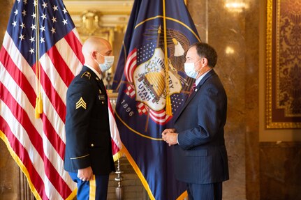 For his brave and heroic actions, Gov. Gary R. Herbert presented the Utah Medal of Valor to Sgt. Chasen Brown, Sept. 1, 2020, for his disregard to his own personal safety, on that tragic day, also known as one of the deadliest mass shootings in the United States.