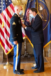 For his brave and heroic actions, Gov. Gary R. Herbert presented the Utah Medal of Valor to Sgt. Chasen Brown, Sept. 1, 2020, for his disregard to his own personal safety, on that tragic day, also known as one of the deadliest mass shootings in the United States.