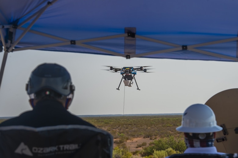 An AT&T drone takes flight to provide 5G connectivity to defense contractors participating in the Advanced Battle Management Systems Onramp 2 at White Sands Missile Range, N.M., Aug. 27, 2020. Achieving all-domain superiority  requires that individual military activities not simply be de-conflicted, but rather integrated - activities in one domain must enhance the effectiveness of those in another domain. (U.S. Air Force photo by Senior Airman Daniel Garcia)