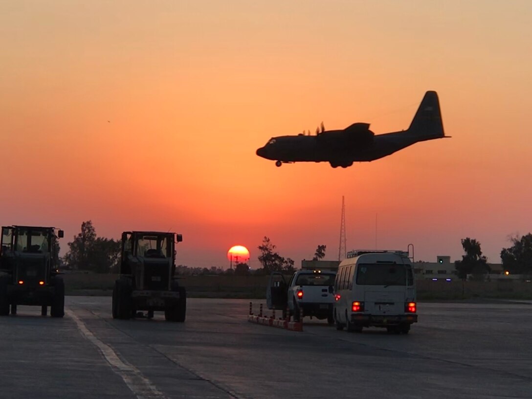 A C-130 Hercules aircraft lands at Camp Taji, Iraq, Aug. 22, 2019. The base was recently transferred to the Iraqi Security Forces Aug. 23, 2020, as Combined Joint Task Force-Operation Inherent Resolve continued the long-range plans of the Coalition and Government of Iraq to defeat the remnants of Daesh. (Courtesy photo)