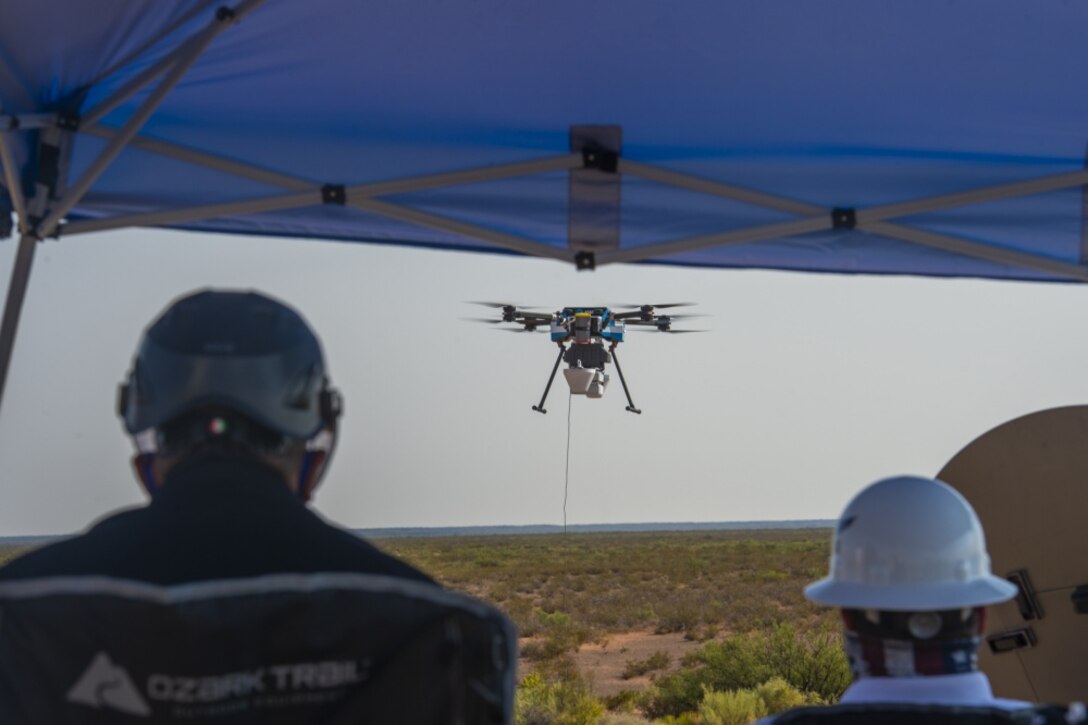 An AT&T drone takes flight to provide 5G connectivity to defense contractors participating in the Advanced Battle Management Systems Onramp 2 at White Sands Missile Range, N.M., Aug. 27, 2020. Achieving all-domain superiority  requires that individual military activities not simply be de-conflicted, but rather integrated – activities in one domain must enhance the effectiveness of those in another domain. (U.S. Air Force photo by Senior Airman Daniel Garcia)