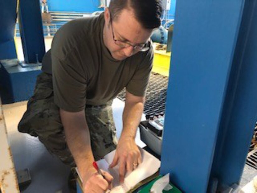 Capt. Charles Bateman, Public Health Command-Pacific environmental science officer, records field water testing data that will aide in the determination of discolored water issues at Fort Polk, La., Aug. 27, 2019. Field samples are collected to characterize water quality at a specific time. (U.S. Army photo by Michael Brow