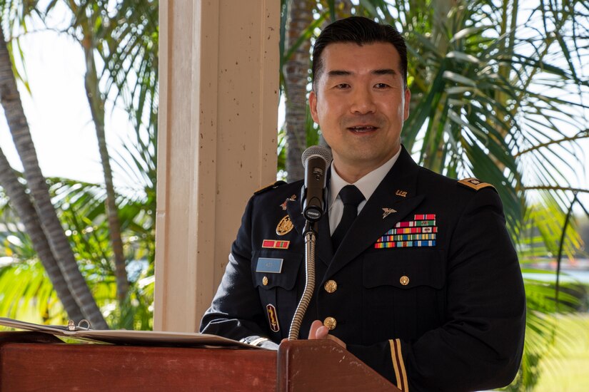 Lt. Col. Hee Kim, Public Health Command-Pacific chief of Operations, speaks to audience members during his promotion ceremony at Joint Base Pearl Harbor-Hickam, Hawaii, Jan. 24, 2020. Kim represents one of 59 Entomology officers currently serving in the U.S. Army. (U.S. Army photo by Amber E. Kurka)